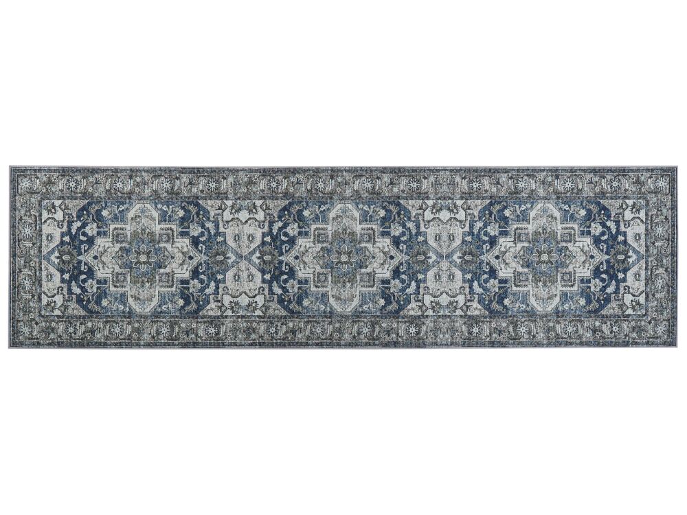 Runner Rug Runner Grey And Blue Polyester 80 X 300 Cm Oriental Distressed Living Room Bedroom Decorations Beliani