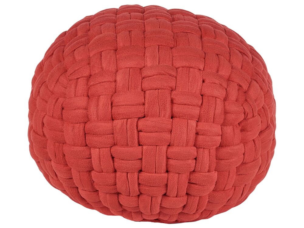 Pouffe Red Velvet 45 X 35 Cm Basket Weave Handmade Round Eps Filling Footstool Ottoman Beliani