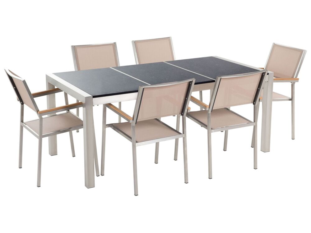 Garden Dining Set Beige With Black Granite Table Top 6 Seats 180 X 90 Cm Triple Plate Beliani