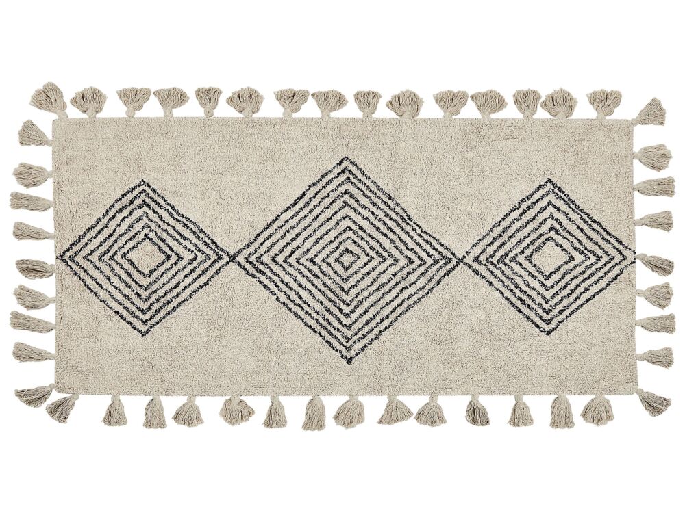 Area Rug Beige Cotton 80 X 150 Cm Rectangular With Tassels Geometric Pattern Boho Oriental Style Beliani