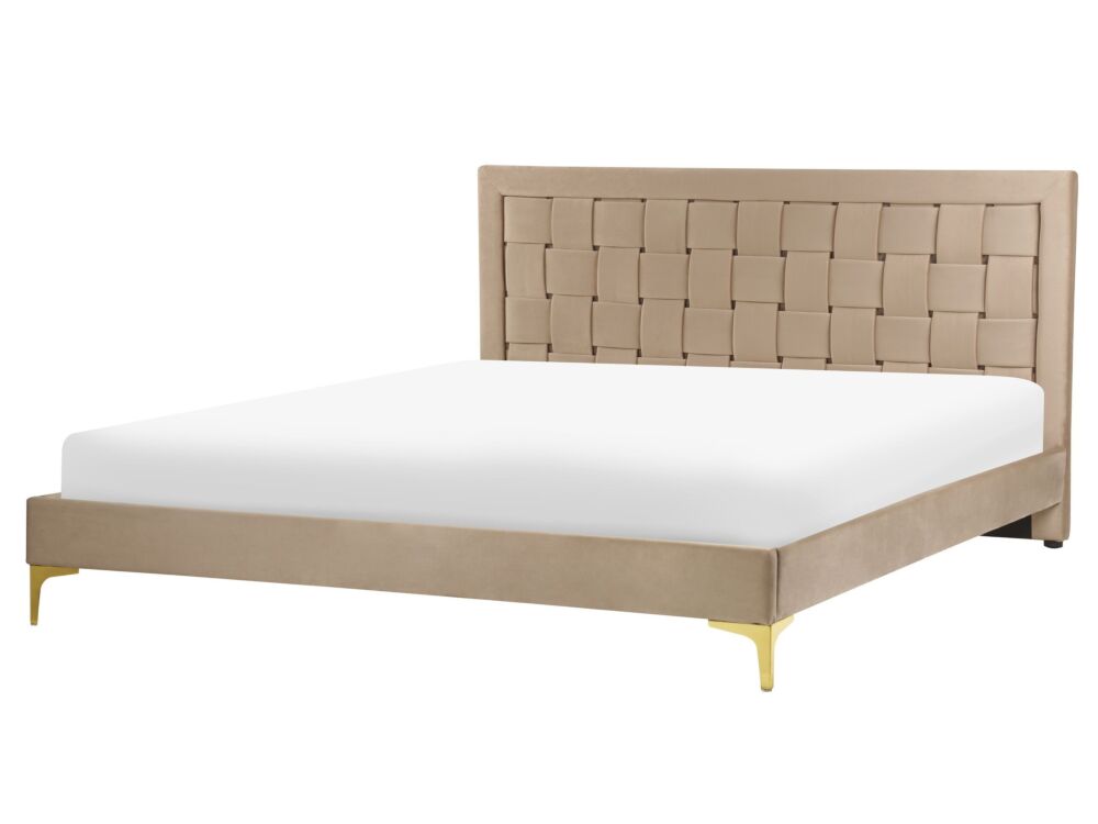 Upholstered Bed Frame Taupe Velvet Eu King Size 160x200 Cm 5ft3 Headboard Golden Legs Beliani