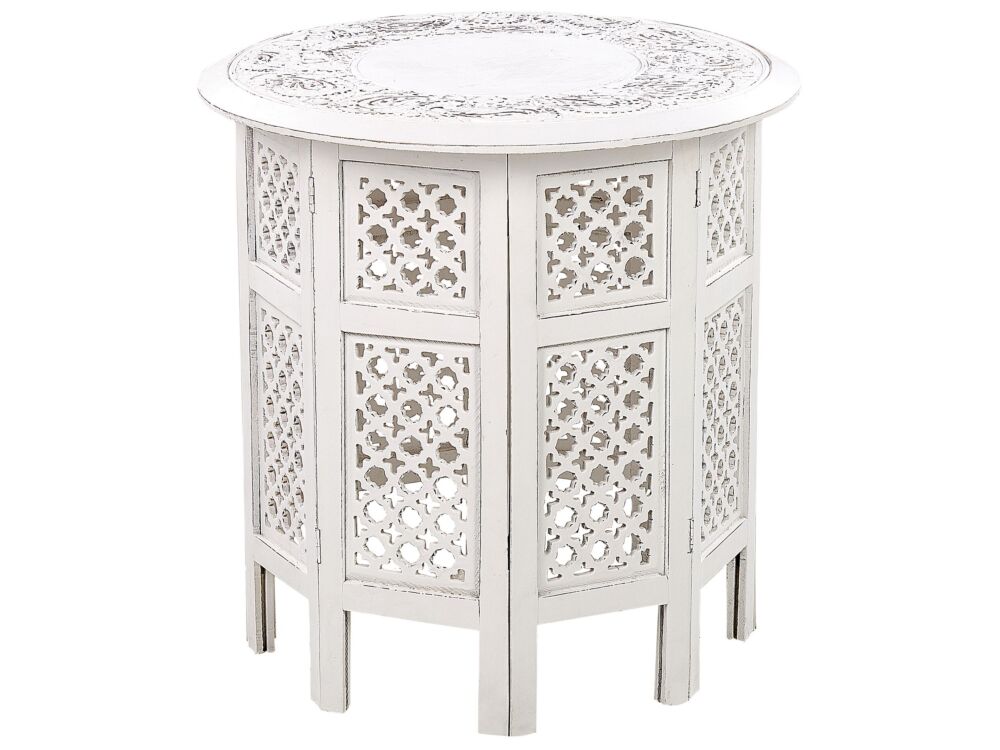 Side Table White With Carved Pattern Distressed Effect Living Room Hallway Rustic Oriental Beliani