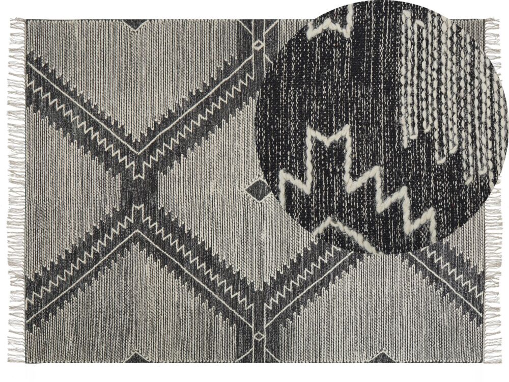 Rug Off-white Black Cotton Wool 160 X 230 Cm Geometric Pattern Runes Tribal Tassels Oriental Beliani