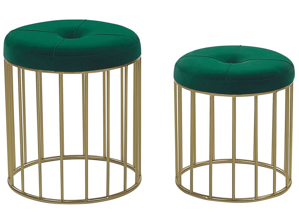 Set Of 2 Nesting Pouffes Dark Green Seat Velvet Upholstery Golden Iron Base Modern Design Beliani