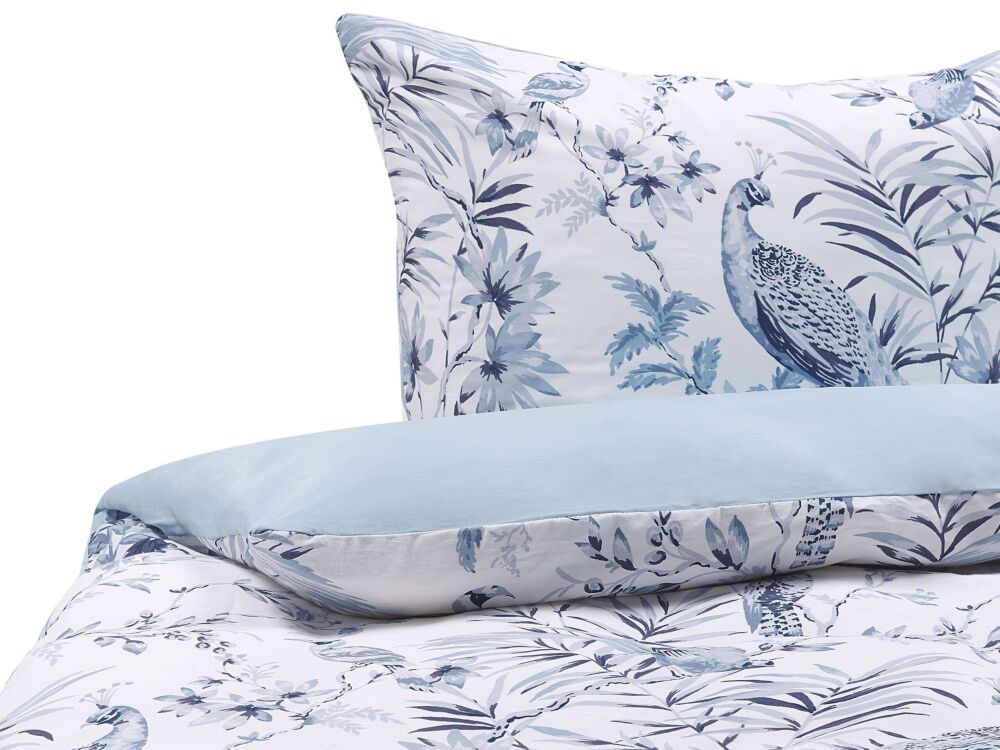 Duvet Cover And Pillowcase Set White And Blue Cotton Blend Floral Pattern 155 X 220 Cm Modern Boho Bedroom Beliani