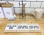 Set Of Six Tea Slogan Coasters On Metal Stand