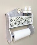 Grey Wooden Kitchen Towel Holder With Cutout Pattern Shelf