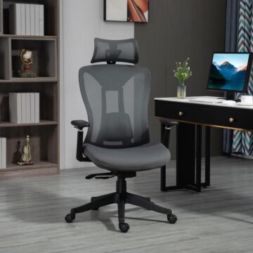 Vinsetto Mesh Office Chair, Reclining Desk Chair With Adjustable Headrest, Lumbar Support, 3d Armrest, Sliding Seat, Swivel Wheels, Grey