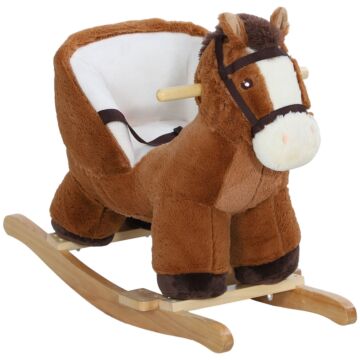 Aiyaplay Kids Rocking Horse, Plush Ride On Horse, With Sound, Wood Base For Aged 18-36 Months - Brown