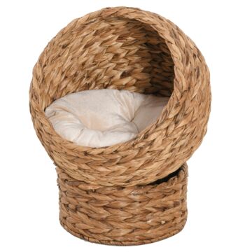 Pawhut Wicker Cat Bed, Raised Rattan Cat Basket With Cylindrical Base, Soft Washable Cushion, Brown, 42 X 33 X 52 Cm