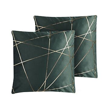 Set Of 2 Scatter Cushions Green Velvet 45 X 45 Cm Gold Geometric Pattern Decorative Throw Pillows Removable Covers Zipper Closure Glam Style Beliani