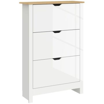 Homcom Slim Shoe Cabinet, Narrow Shoe Cupboard With 3 Flip Drawers, Adjustable Shelves For 18 Pairs Of Shoes, High Gloss White
