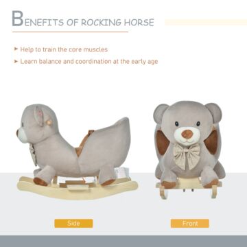 Homcom Kids Children Rocking Horse Plush Ride On Bear Seat W/ Sound Wood Base Seat Safety Belt Toddler Baby Toy Grey