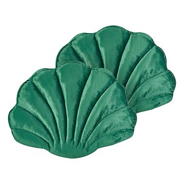 Set Of 2 Seashell Scatter Cushions Emerald Green Velvet Scallop Shape Throw Pillow Decoration Marine Theme Textiles Beliani