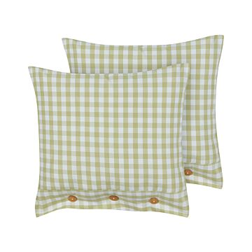 Set Of 2 Decorative Cushions Olive Green And White Chequered Pattern 45 X 45 Cm Buttons Modern Décor Accessories Bedroom Living Room Beliani