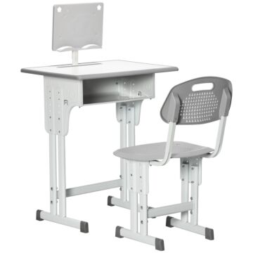 Homcom Kids Desk And Chair Set, Height Adjustable Study Table Set With Storage Drawer, Book Stand, Cup Holder, Pen Slot, Grey