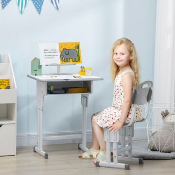 Homcom Kids Desk And Chair Set, Height Adjustable Study Table Set With Storage Drawer, Book Stand, Cup Holder, Pen Slot, Grey