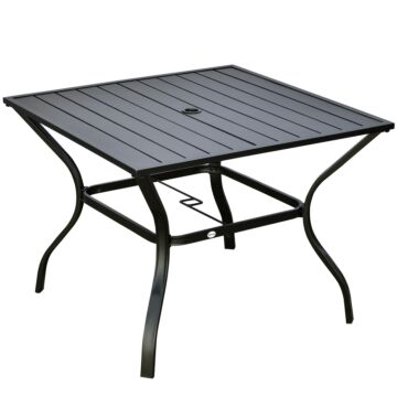 Outsunny Garden Table With Parasol Hole, Outdoor Dining Garden Table For Four, Square Patio Table With Slatted Metal Plate Top, Black