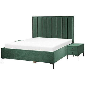 Bedroom Set Dark Green Velvet Eu King Size 5ft3 Bed With Storage 2 Bedside Tables Upholstered Beliani