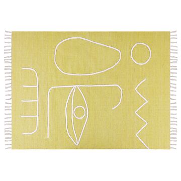 Area Handwoven Rug Yellow Polyester 140 X 200 Cm Rectangle Abstract Pattern With Tassels Rectangular Boho Indoor Outdoor Beliani