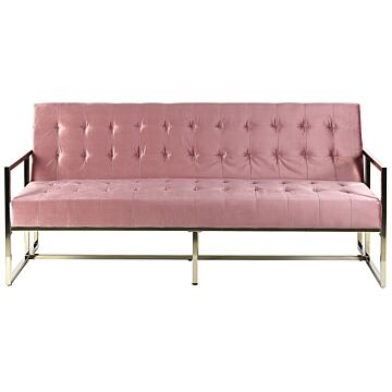 Sofa Bed Gold Metal Frame Tufted Pink Velvet Upholstery Retro Style Couche Settee Living Room Beliani