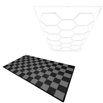 Hexagon Led Light & Vented Garage Floor Tiles With Edges - 60 Black & 60 Grey