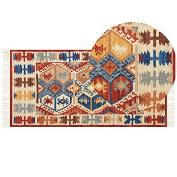 Kilim Area Rug Multicolour Wool 80 X 150 Cm Hand Woven Flat Weave Pattern With Tassels Traditional Living Room Bedroom Beliani