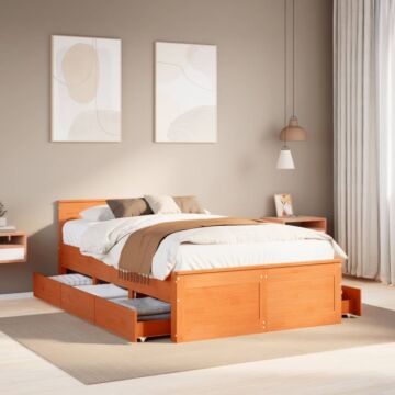 Vidaxl Bed Frame Without Mattress With Headboard Wax Brown 135x190 Cm Double Solid Wood Pine