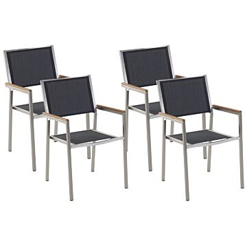 Set Of 4 Garden Dining Chairs Black And Silver Textile Seat Stainless Steel Legs Stackable Outdoor Resistances Beliani