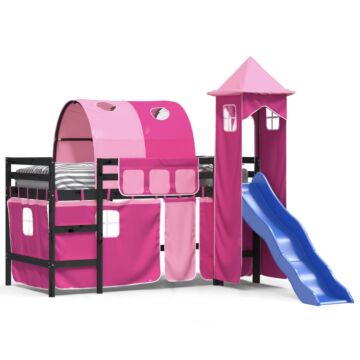 Vidaxl Kids' Loft Bed With Tower Pink 90x200 Cm Solid Wood Pine