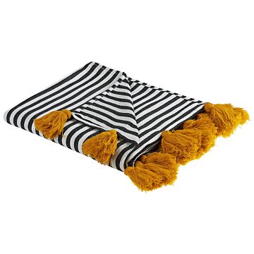 Blanket Black And White Polyester And Acrylic Blend 130 X 170 Cm Decorative Striped Double-sided Pattern Beliani
