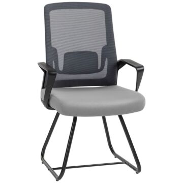 Homcom Desk Chair No Wheels, Office Chair With Mesh Back, Lumbar Support, Metal Base For Waiting Room, Conference Room, Dark Grey