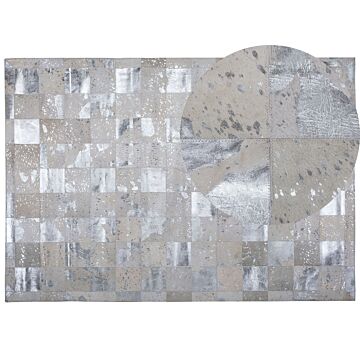 Rug Beige And Silver Cowhide Leather 230 X 160 Cm Handcrafted Low Pile Modern Beliani