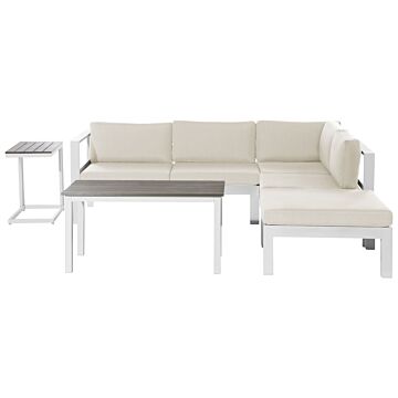 5 Seater Garden Sofa Set White Metal Frame Beige Cushions Slatted Coffee Table Modern Scandinavian Outdoor Conversation Set Beliani