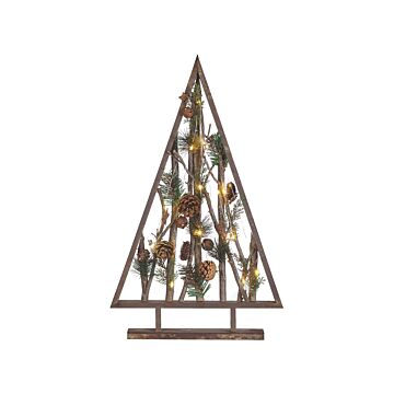 Decorative Figurine Christmas Tree Dark Pine Wood 62 Cm With Pine Cones Led Lights Rustic Boho Design Beliani