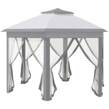 Outsunny Hexagon Patio Gazebo Pop Up Gazebo Outdoor Double Roof Instant Shelter With Netting, 4m X 4m, Grey