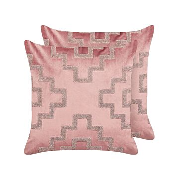 Set Of 2 Decorative Cushions Pink Velvet 45 X 45 Cm Geometric Pattern Glamour Decor Accessories Beliani