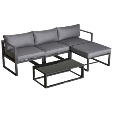 Outsunny 5 Pieces Outdoor Patio Furniture Set, Sofa Couch With Glass Coffee Table, Cushioned Chairs And Metal Frame, For Balcony Garden Backyard, Grey