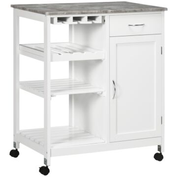 Homcom Compact Kitchen Trolley Utility Cart On Wheels With Wine Rack, Drawer, Open Shelf And Storage Cabinet For Dining Room, White