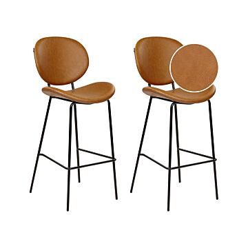 Set Of 2 Dining Chairs Golden Beige Armless Leg Caps Faux Pu Leather Black Iron Legs Contemporary Retro Design Dining Room Seating Beliani