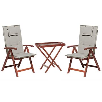 Garden Bistro Set Light Acacia Wood Table 2 Chairs With Taupe Cushions Adjustable Backrest Folding Rustic Style Beliani