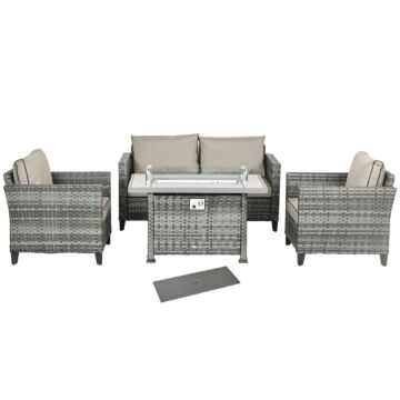 Outsunny 5-piece Rattan Patio Furniture Set With Gas Fire Pit Table, Loveseat Sofa, Armchairs, Cushions, Pillows, Grey