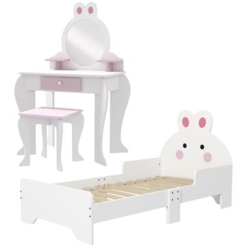 Zonekiz Wooden Kids Bedroom Furniture Set With Kids Dressing Table, Stool, Bed, For 3-6 Years, Bunny-design