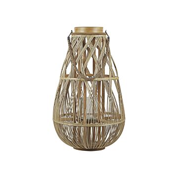 Lantern Light Bamboo Wood And Glass 56 Cm Indoor Outdoor Woven Candle Holder Scandinavian Boho Beliani