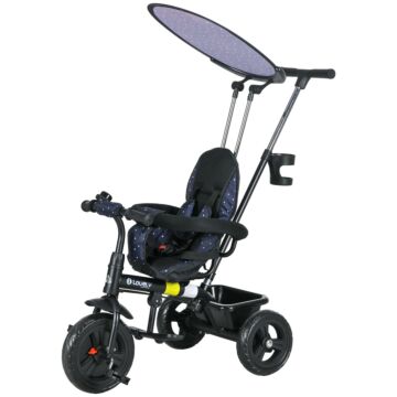 Homcom 6 In 1 Tricycle For Kids With 5-point Harness Straps, Removable Canopy, Dark Blue