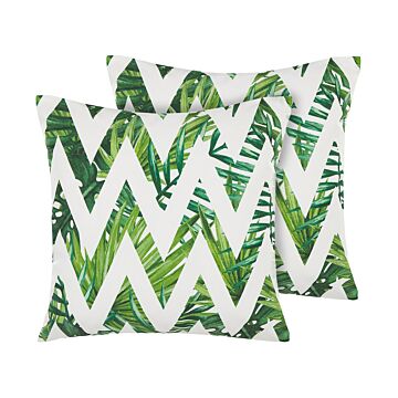 Set Of 2 Garden Cushions White And Green Polyester Square 45 Cm Chevron Floral Pattern Modern Outdoor Decor Beliani