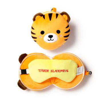 Tiger Relaxeazzz Plush Round Travel Pillow & Eye Mask Set
