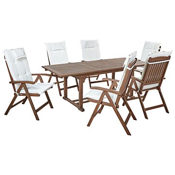 Garden Dining Set Dark Solid Acacia Wood Extending Table 6 Chairs With Off-white Cushions Adjustable Backrest Folding Rustic Style Beliani
