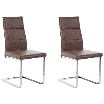 Set Of 2 Dining Chairs Brown Faux Leather Upholstered Cantilever Silver Legs Armless Vintage Design Beliani