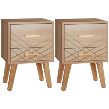 Homcom Bedside Cabinet, Scandinavian Bedside Table With Drawers, Bed Side Table With Wood Legs, Natural